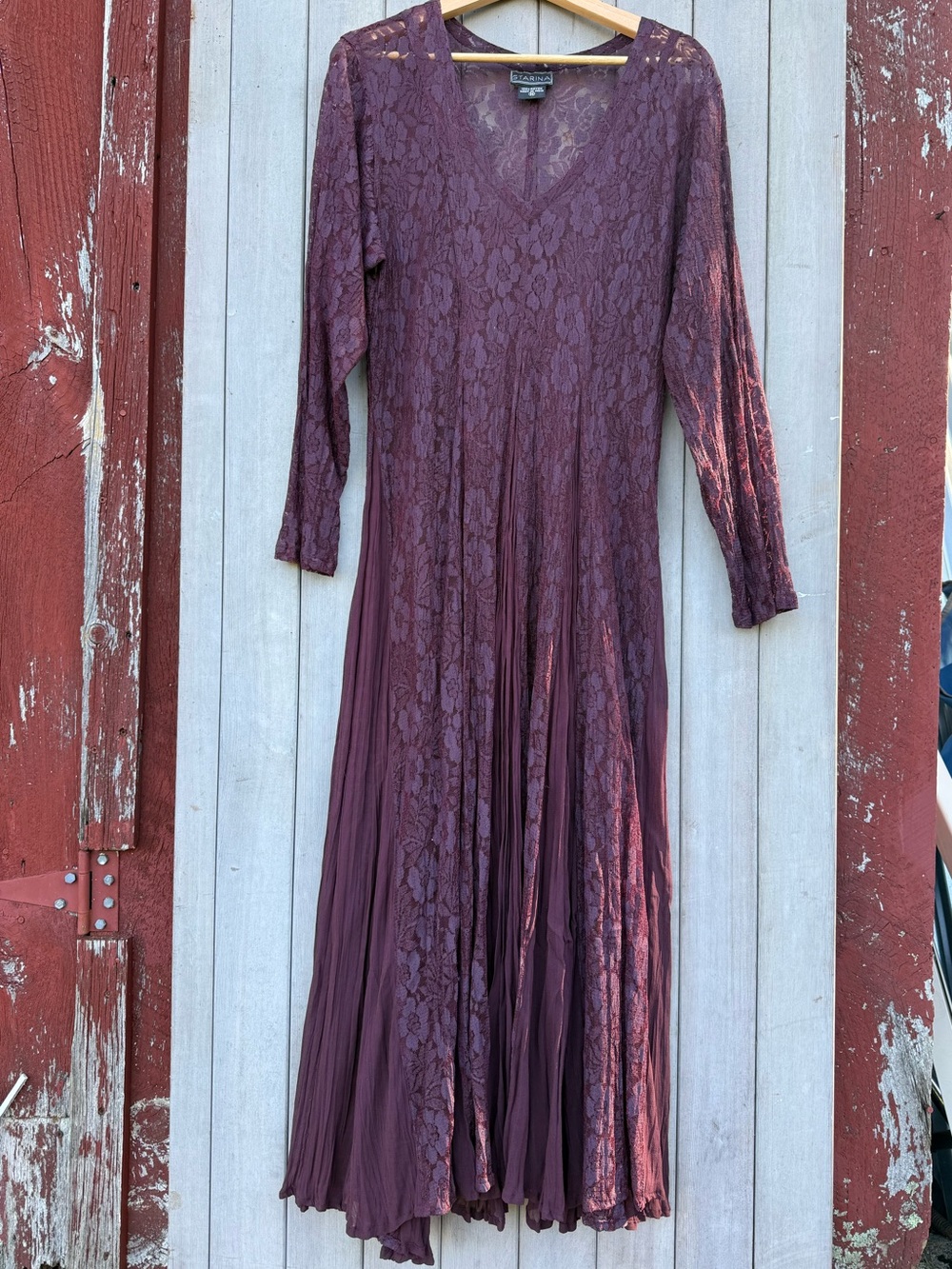 Vintage-Inspired Plum Lace & Pleat Maxi Dress